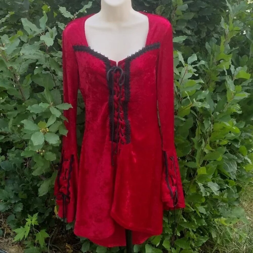 90s Lip Service Hi Low Red Velvet Laced Top with Bell Sleeves Small